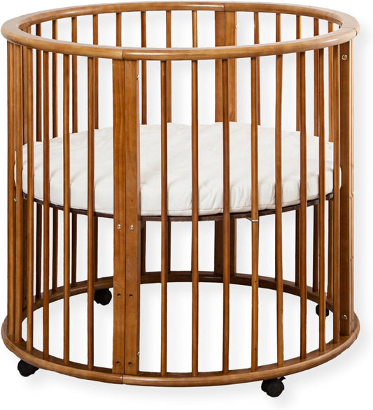 Baby Box – Round Wooden Play Box – Playpen – Includes Mattress – 91x91x85cm – Brown - QUORE