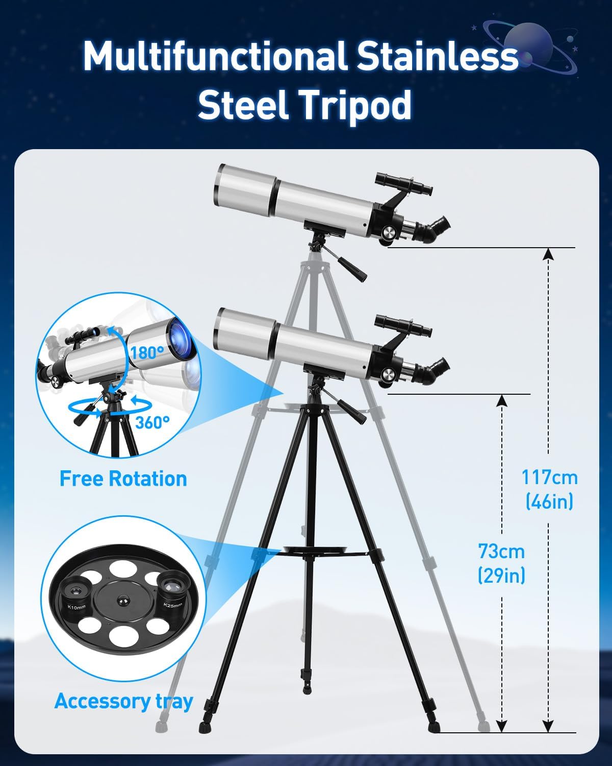 Telescoop 90/600 mm astronomie refractor met aluminium statief - complete set met 2 oculairs (10 mm & 25 mm), 3 x Barlow lens, smartphone-adapter en draagtas
