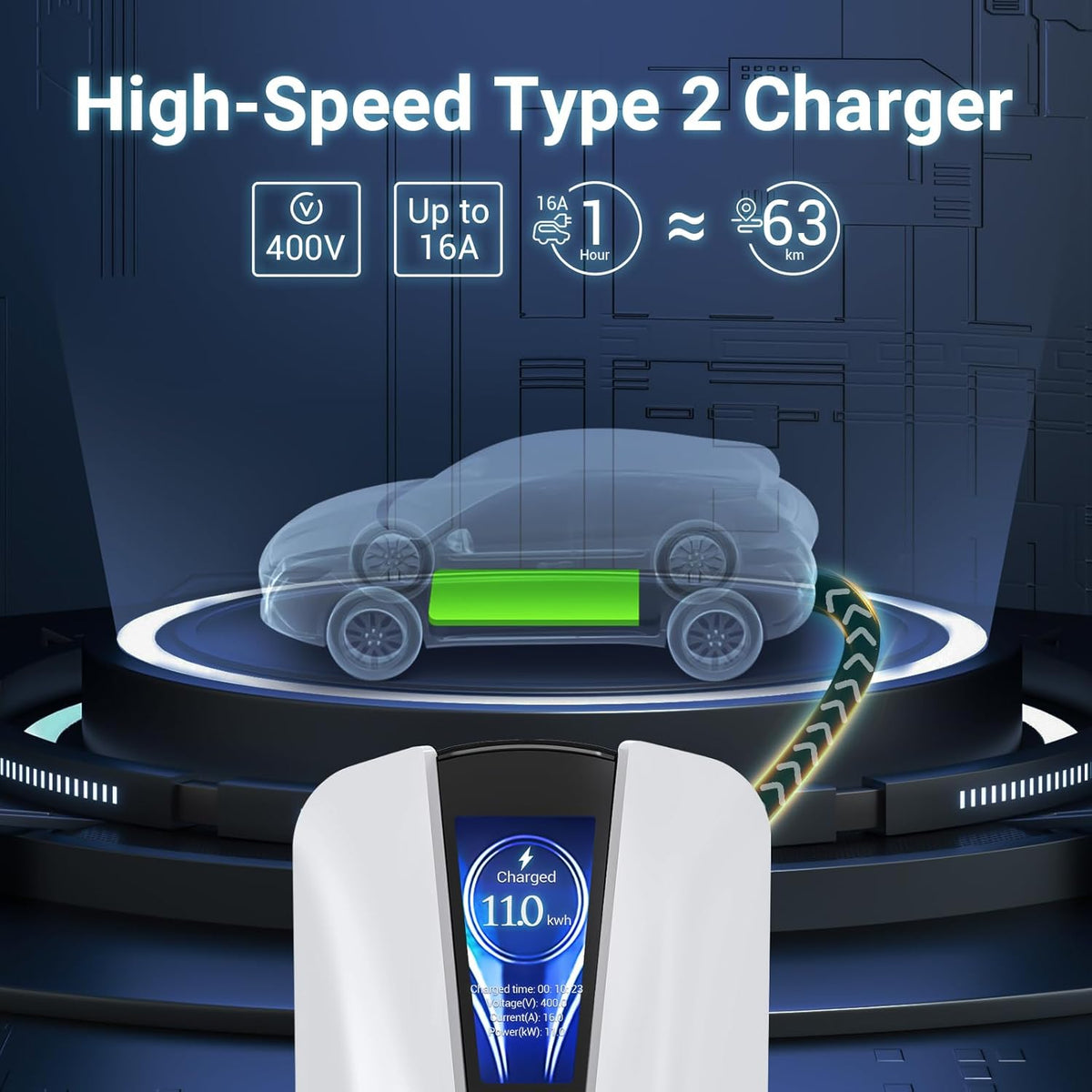 Tera EV Oplader Type 2 Wallbox: Oplaadstation Elektrisch Voertuig 11kW Driefasig, 16A 400V met Controleerbaar Digitaal Display, 7 Meter Oplaadkabel, Oplader Wandhouder voor EVs PHEVs