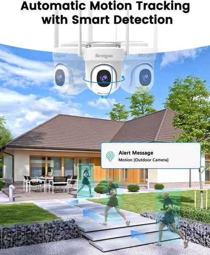 Bewakingscamera WiFi voor Buiten, Bextgoo 5MP Outdoor Home Beveiligingscamera met 64G TF-kaart, 2,4/5G WiFi, 360° Automatische Bewakingscamera, Bewegingsdetectie-meldingen, Kleuren Nachtzicht, 2 Stuks