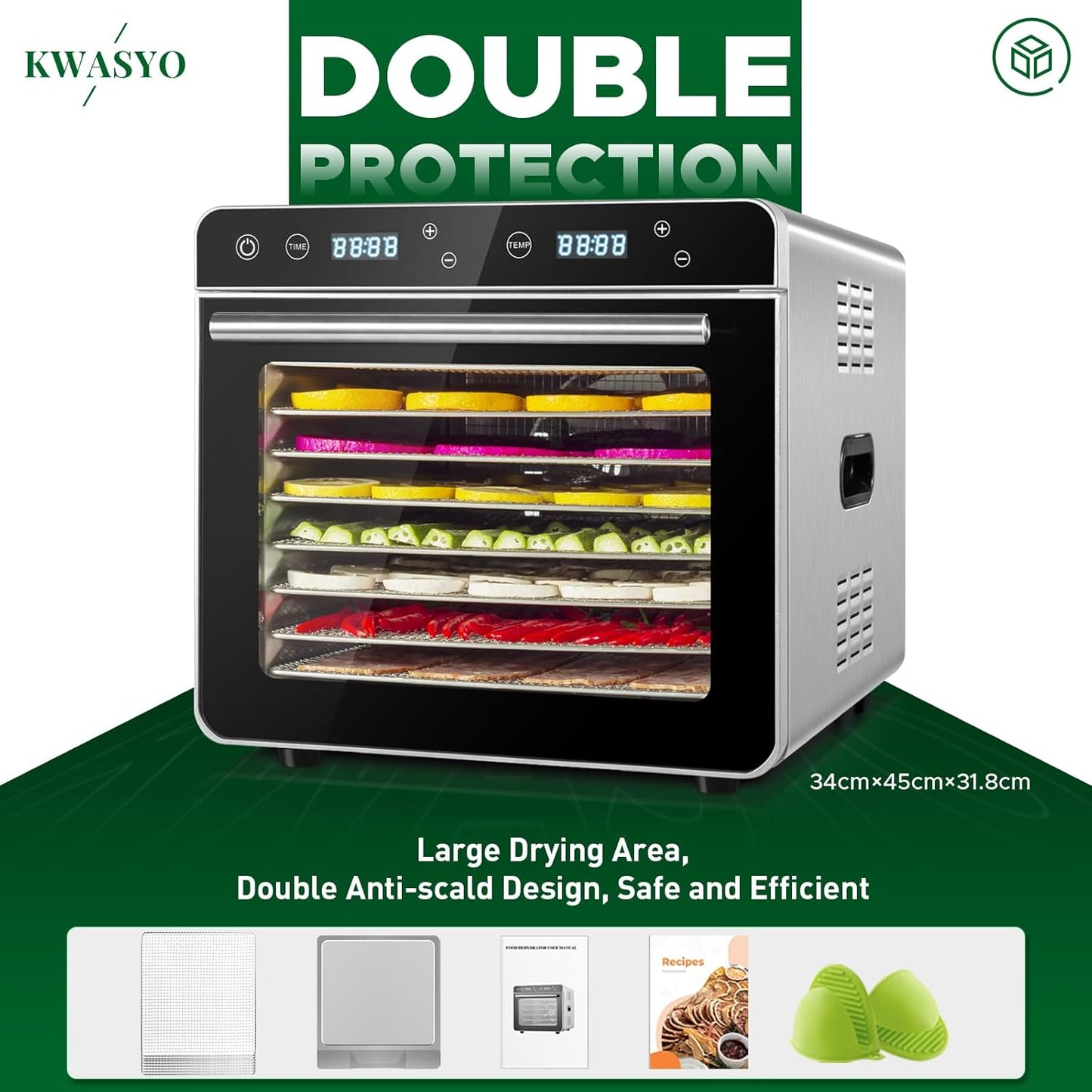 Kwasyo Voedseldroger van roestvrij staal, 0,67 m², 8 roestvrijstalen tablets, led-display, 24-uurs timer, instelbare temperatuur 35 °C - 85 °C, voor vlees, groenten en fruit