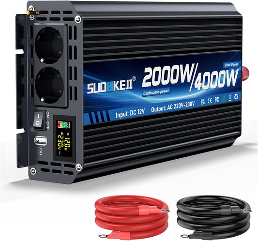 Omvormer 12V naar 230V – Spanning Converter – Stroomomzetter – Inverter Auto – Camper Omvormer – 2000W Continu Vermogen – USB & Type-C Aansluiting