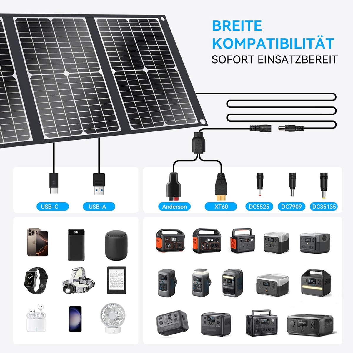 Ecosonique 100 W opvouwbaar zonnepaneel, 23,5% rendement en 45 W PD snel opladen, monokristallijn zonnepaneel met USB-C PD3.0 USB-A QC3.0 20V DC uitgang, verstelbare standaard voor powerstations en