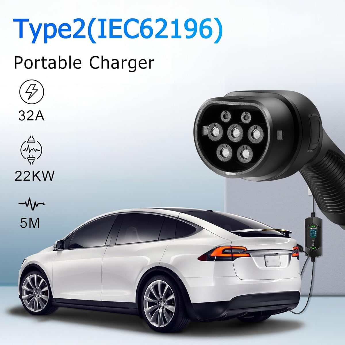 Laadkabel Type 2 – EV Oplaadkabel – Elektrische Auto Kabel – Snellader Kabel – Plug-in Hybride Kabel – 22 kW 3-Fase – Instelbare Stroomsterkte Met Digitaal Display