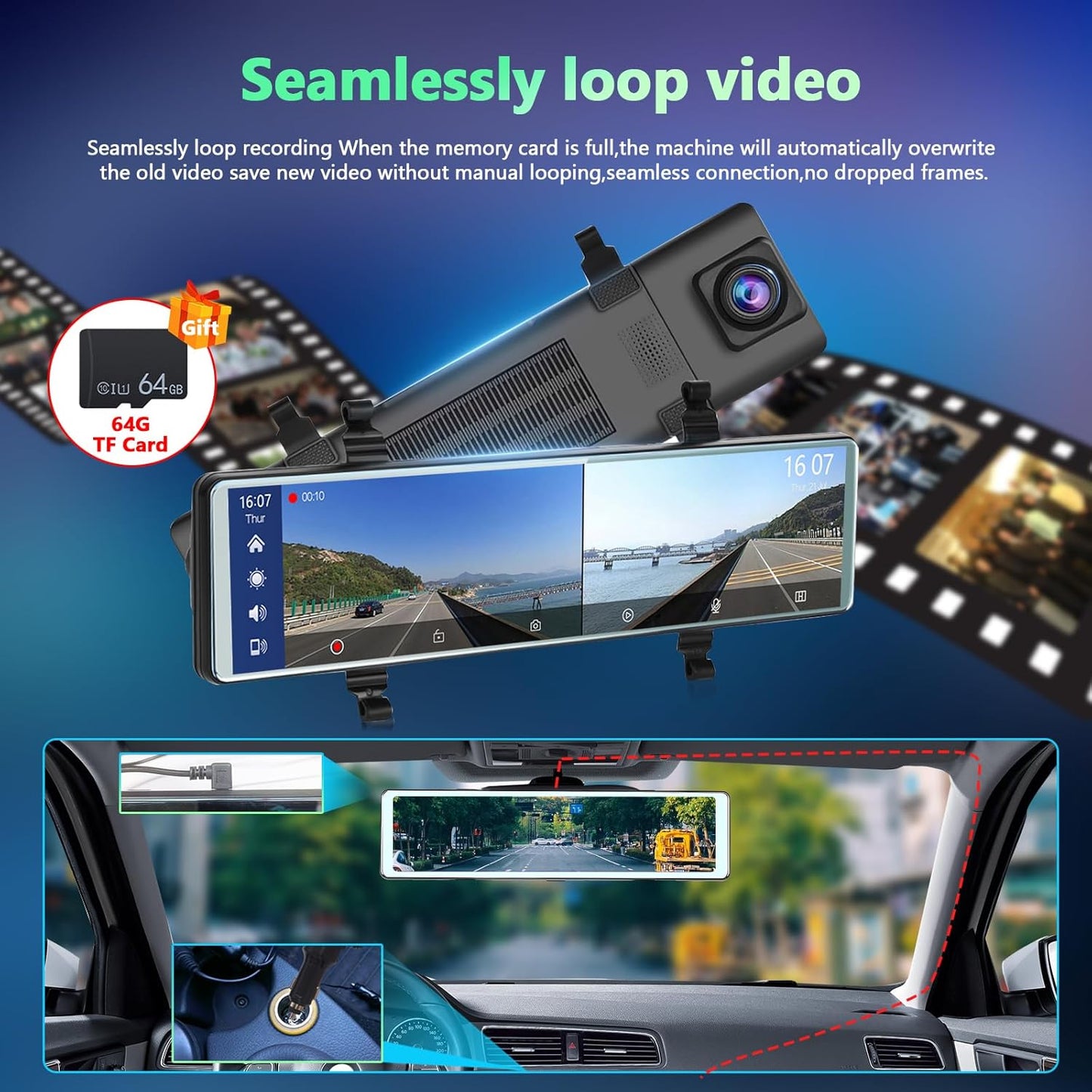 Podofo Draadloze Apple Carplay Android autospiegel, dashcam met HD achteruitrijcamera, 11,26 inch IPS-touchscherm, dual 1080p achteruitkijkspiegel, 2 gedeelde beeldschermen