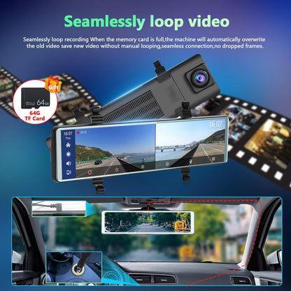 Podofo Draadloze Apple Carplay Android autospiegel, dashcam met HD achteruitrijcamera, 11,26 inch IPS-touchscherm, dual 1080p achteruitkijkspiegel, 2 gedeelde beeldschermen