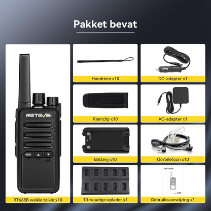Retevis RT668B Walkie Talkies voor Volwassenen, Oplaadbare Walkie Talkies met 10-Voudige Oplader, PMR446 Professionele Portofoon, USB-C, voor School, Restaurant (Zwart, 10 Stuks)