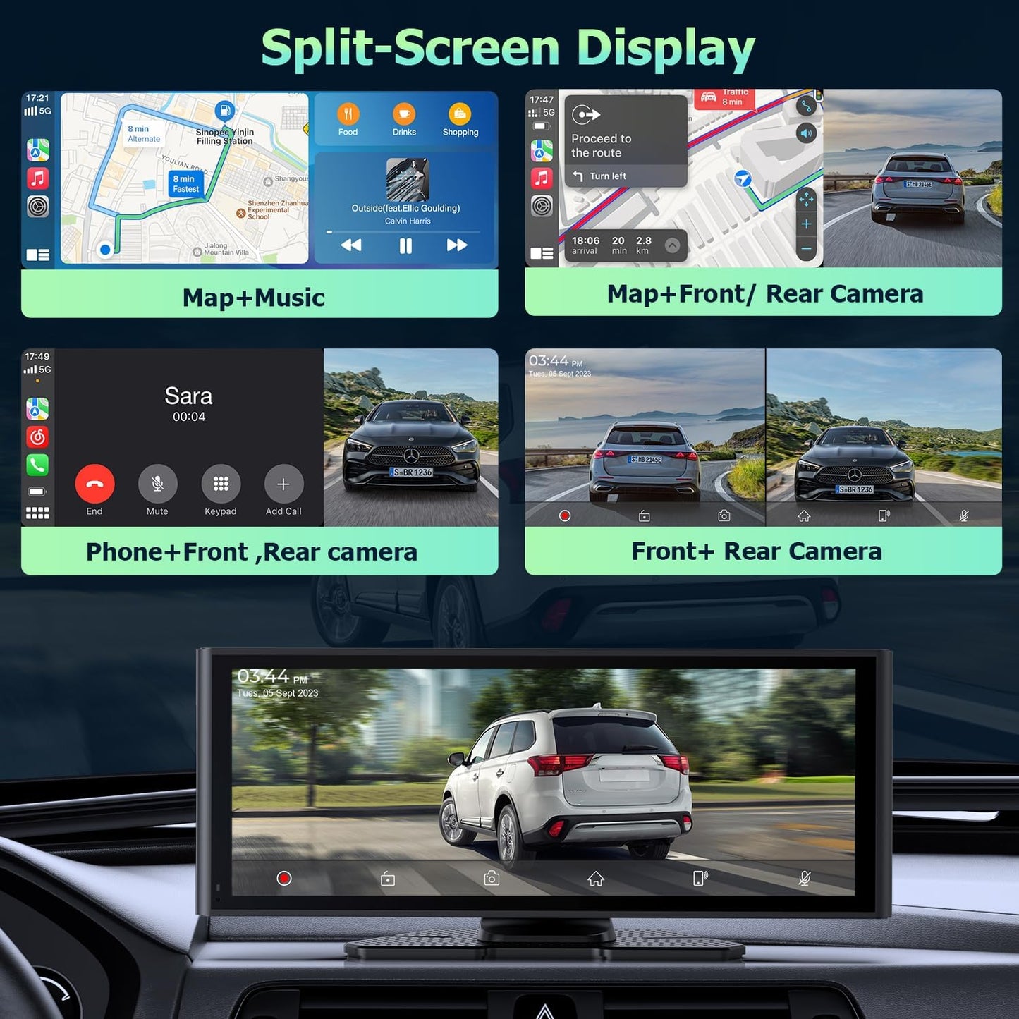 Android Auto Display 10,26 inch IPS Touchscreen CarPlay Display met 4K dashcam en 1080p achteruitrijcamera loop-opname draagbare autoradio met navigatie spiegel link 64G TF