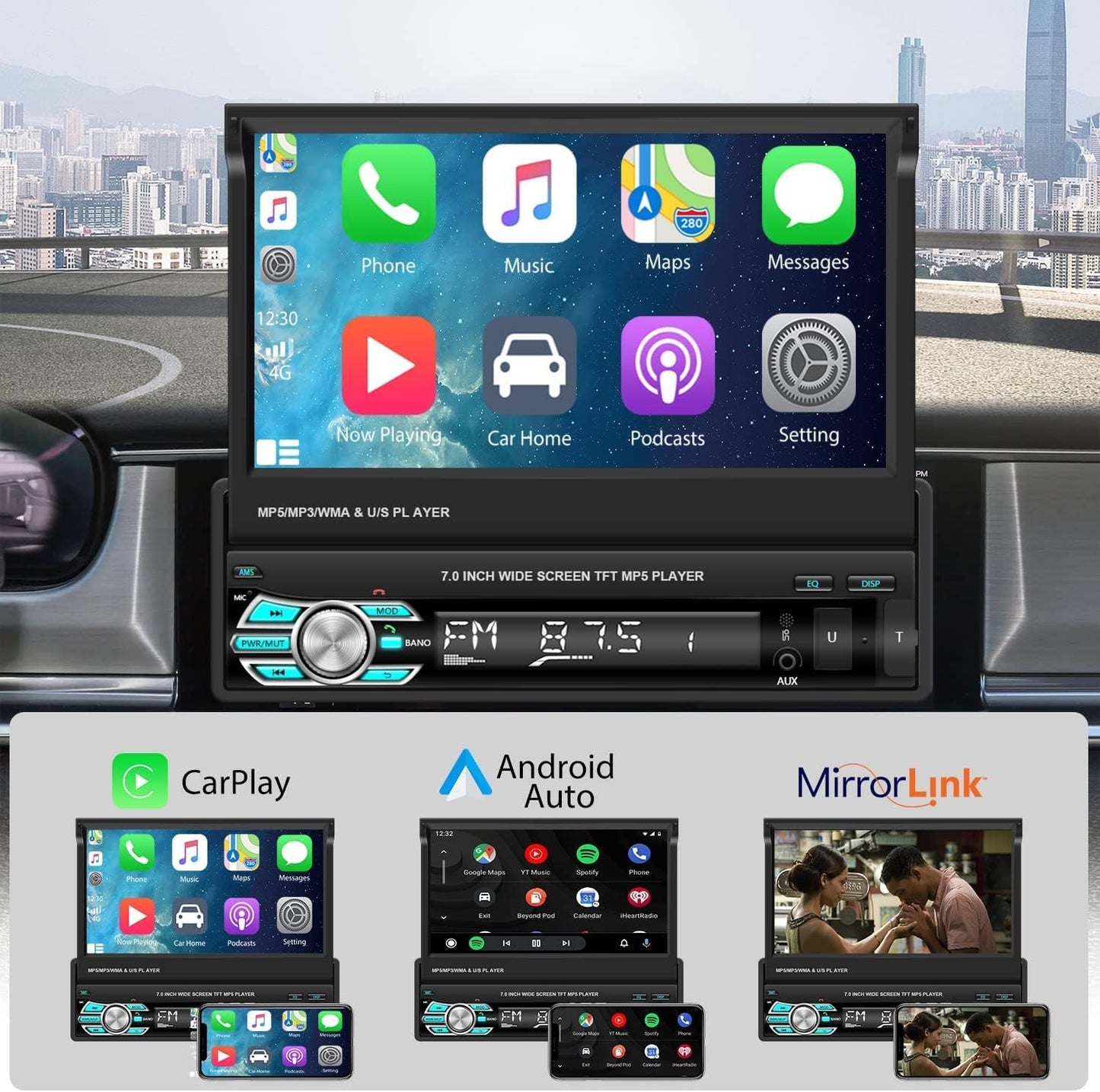 Hikity 1 Din Apple Carplay autoradio met uitschuifbaar scherm, Android autoradio met 7 inch touchscreen, radio met Bluetooth handsfree, FM USB/AUX+achteruitrijcamera