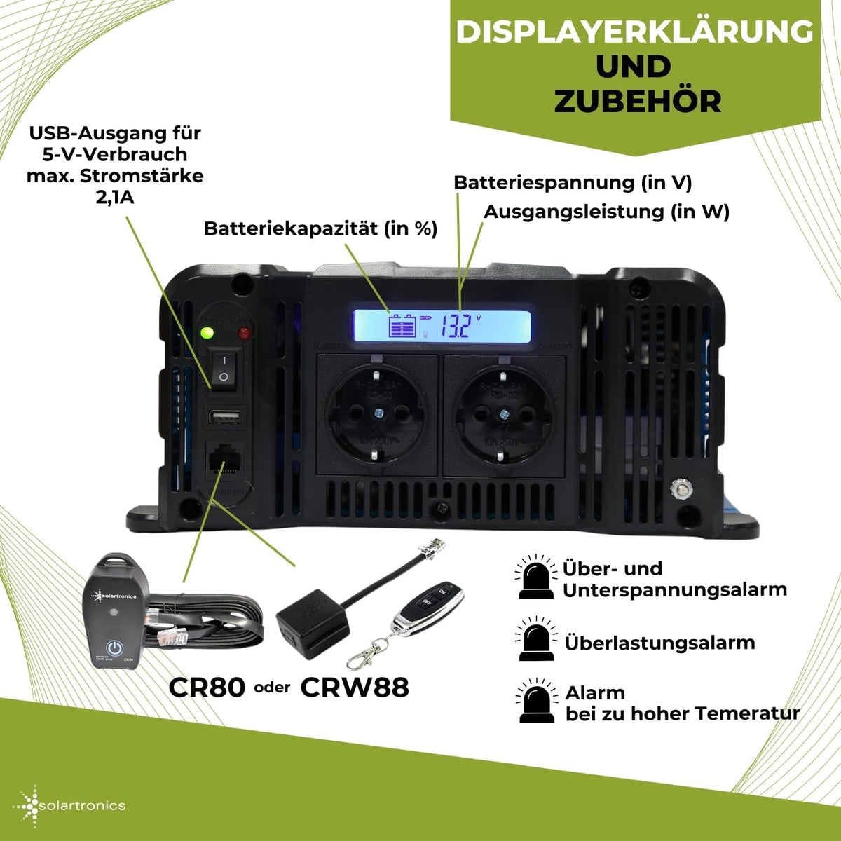 solartronics Spanningsomvormer FS2000D 12V 2000/4000 Watt Pure Sinus BLAUW m. Display FS Serie LiFePO4 / lithium, lood-, gel of AGM-batterij compatibel inverter omvormer