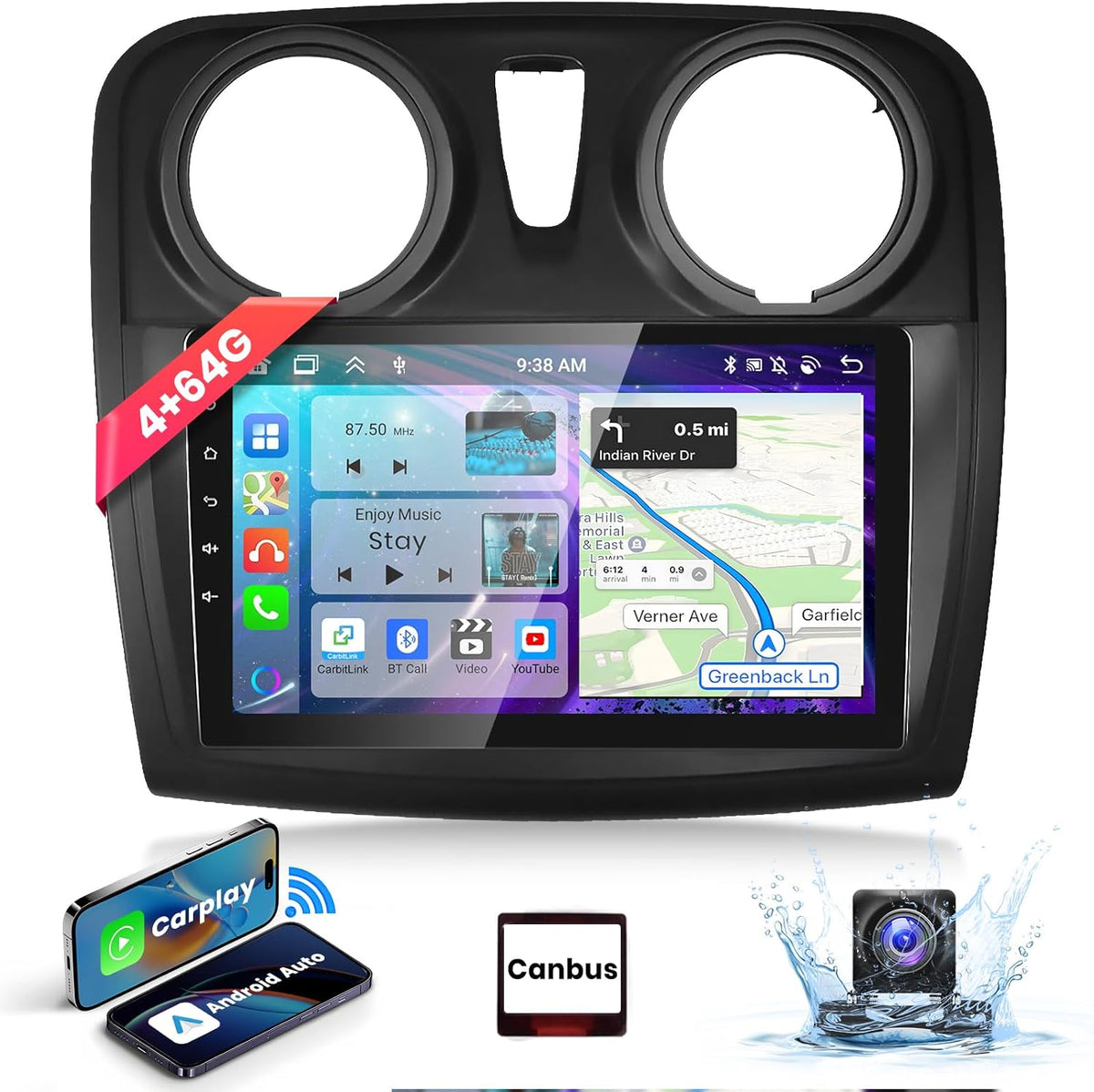【4+64G】8-Core 9'' Autoradio voor Für Renault Dacia SANDERO II B52 2012-2019 Carplay Android Auto Bluetooth met Touchscreen,1280*720,Android Radio RDS/FM met Wifi/GPS Navi+AHD Back up Camera DSP/HiFi