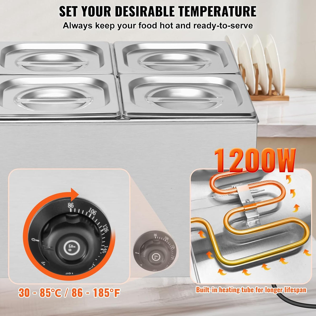 VEVOR Commerciële voedselverwarmer, 14,5 liter, 1 x 1/3 + 4 x 1/6 grootte, elektrische warmhoudplaat, 1200 W, werkblad van roestvrij staal, buffet-Bain-Marie, temperatuurregeling van 30-85 °C