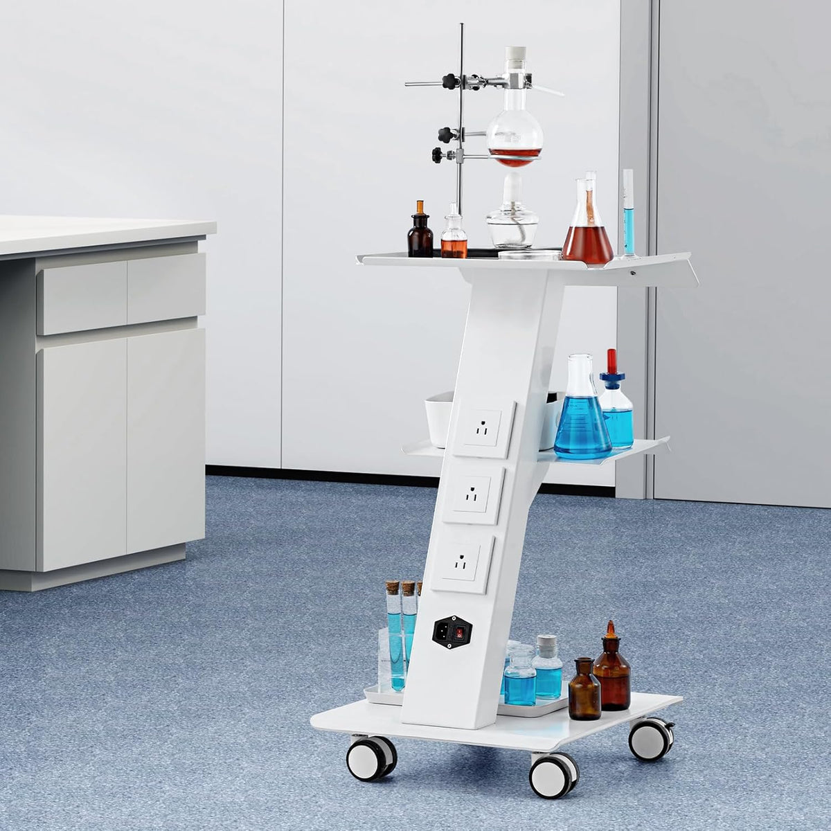 Werkwagen – Werktafel – Trolley – Servicewagen – Medische Trolley – 3-Laags Metaal – Geïntegreerd Stopcontact