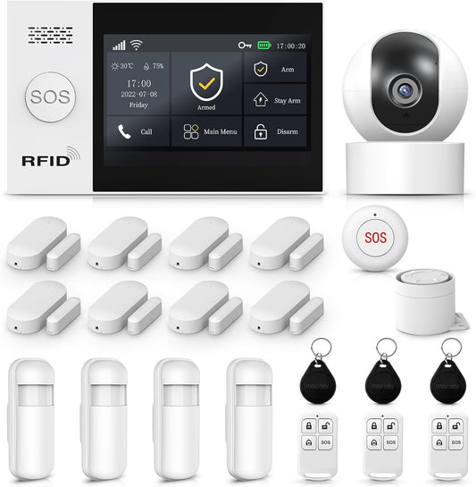 LWOHSI Alarmsysteem voor thuisbeveiliging, draadloze 4,3 inch Fulltouch Screen Alarm Kits met 2MP Beveiligingscamera, Mobiele telefoon APP Alert, Deursensoren, Afstandsbediening, Compatibel met Alexa