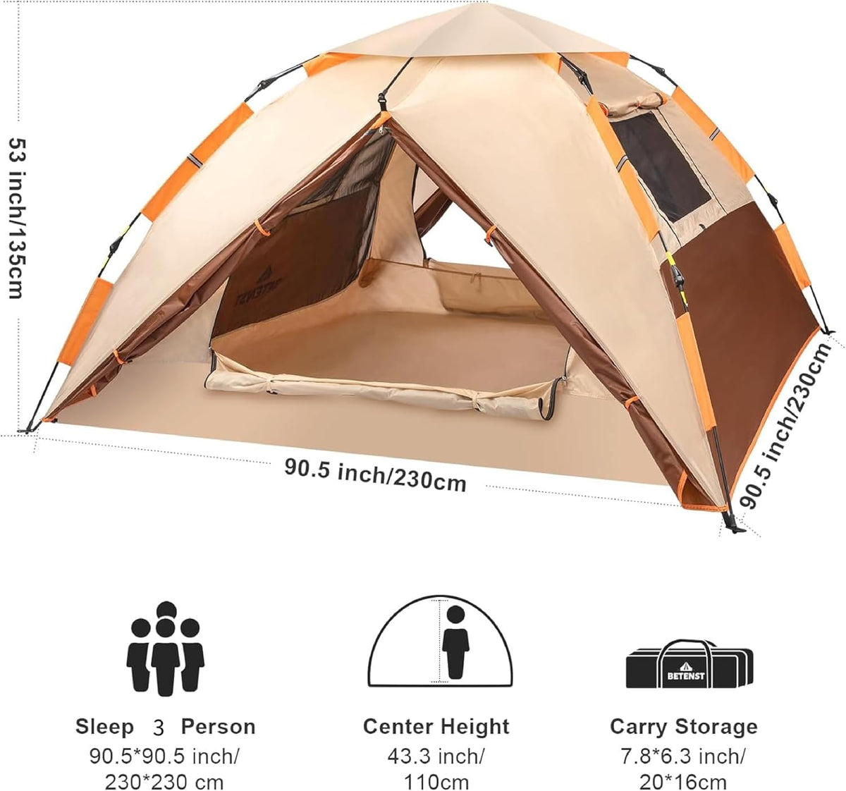 Campingtent, pop-up tent voor 4 personen, familiekoepeltent, waterdicht, winddicht, met 2 gaasdeuren, 2 gaasramen, dakramen, 2-in-1 dubbele lagen, opbergtas voor kamperen, wandelen, backpacken