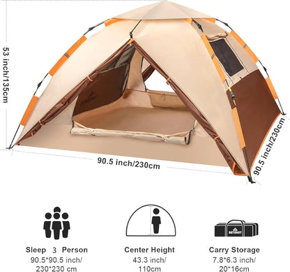 Campingtent, pop-up tent voor 4 personen, familiekoepeltent, waterdicht, winddicht, met 2 gaasdeuren, 2 gaasramen, dakramen, 2-in-1 dubbele lagen, opbergtas voor kamperen, wandelen, backpacken