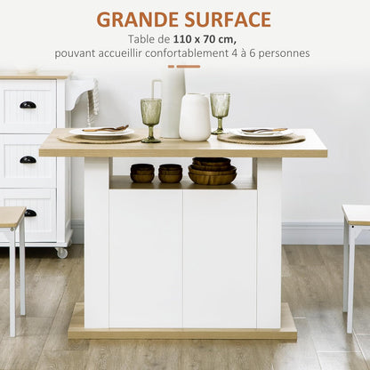 HOMCOM Dining Table, Island, Kitchen, Storage Cabinet, Table with Large Worktop, 4-6 People, Cabinet with 4 Doors and Shelves, Wood, Dimensions: 110 x 70 x 75.5 cm, White and Natural - QUORE