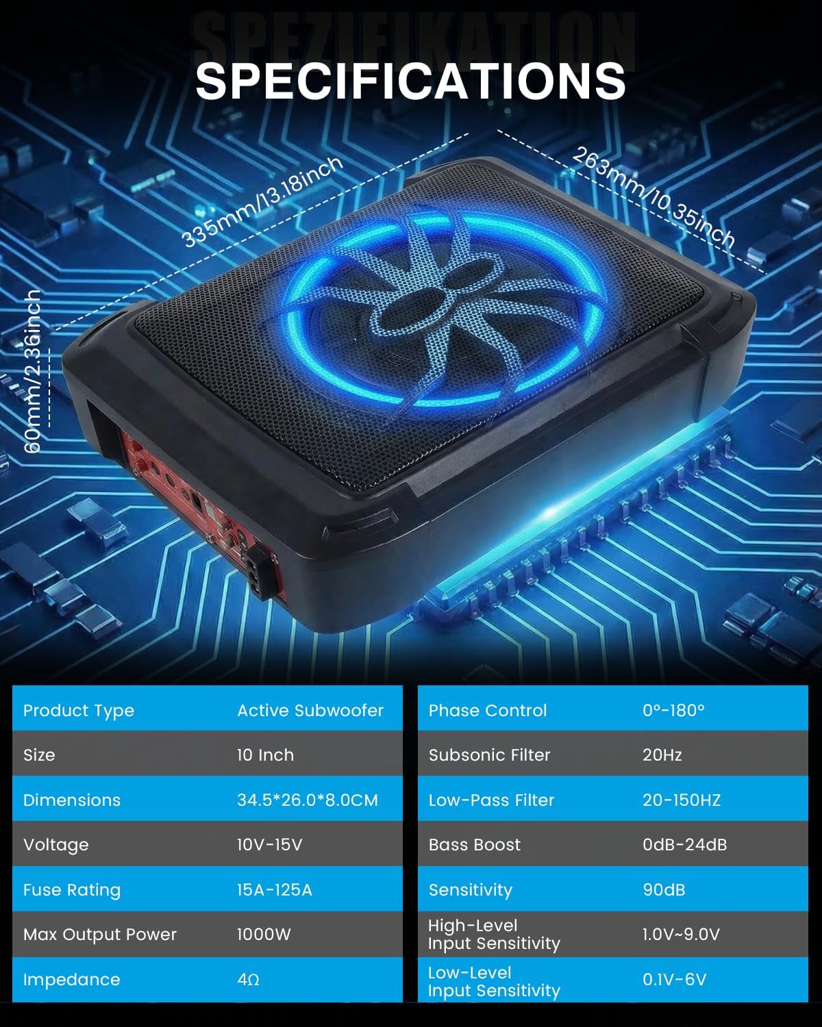 Ultraflache auto-subwoofer, geschikt voor auto/vrachtwagen, met geïntegreerde versterker, te monteren onder de stoelen, maximale vermogen 1000 W, compacte subwoofer.
