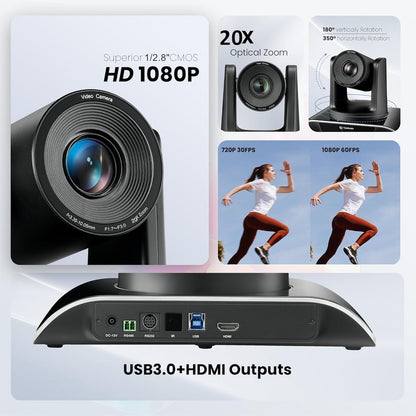 TONGVEO 20-voudige zoom conferentieruimte-camerasysteem, video- en audioconferentiesysteem, 20-voudige optische zoom, USB 3.0, HDMI PTZ-camera en conferentieluidspreker met microfoon voor grote