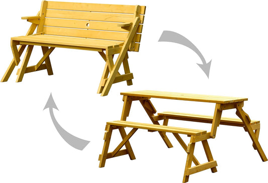 dobar® 29301FSCe Picknickbank, 2-in-1, groot, multifunctionele tuinbank, massief hout, zitbank en tafel voor 4 personen, outdoor zitmeubel, 138 x 144 x 77 cm, naturel