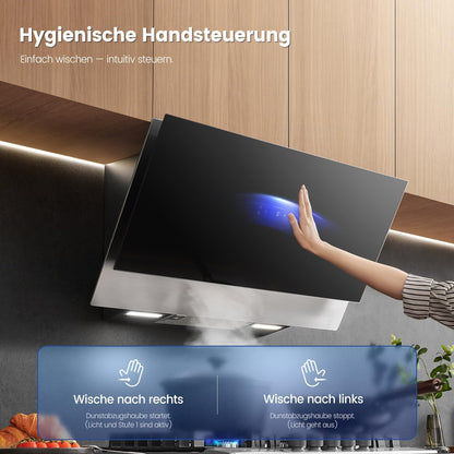 COMFEE ANGJ72B-90PRO-EU Afzuigkap A++, 90 cm, 800 m³/h luchtstroom, kopvrije wandkap met convectie en afvoerlucht, touchscreen, gebarenbediening, 4 snelheden, 68 dB, led