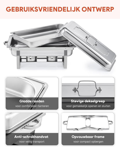 VONLUCE Chafing Dish Voedselverwarming, 9 l, 4 stuks roestvrijstalen warmtetank voor warmtetrank, roestvrijstalen buffetset, voor catering, buffet en feesten (zilver)