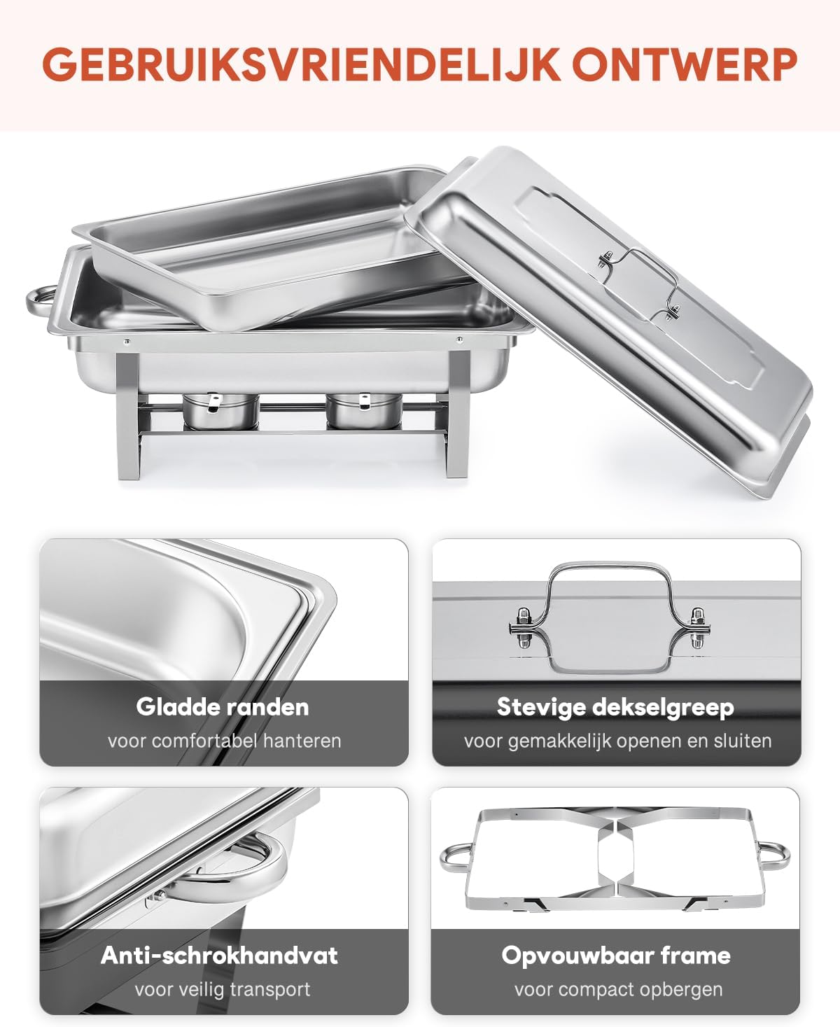 Wilprep Chafing Dish, 9L, 4 stuks roestvrijstalen warmhouders, warmhouders, roestvrij staal buffetset voor catering, buffet en feest (zilver)