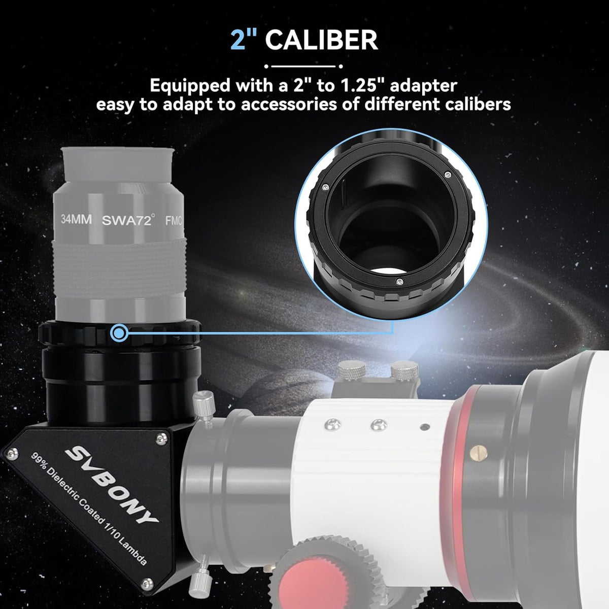 Svbony SV223 Diagonale Spiegel, 2" 90° Sterdiagonaal met 1,25" Adapter en Koolstofvezelmateriaal, 99% Reflectiviteit Zenith Spiegel voor Planetaire Deep Sky Visual