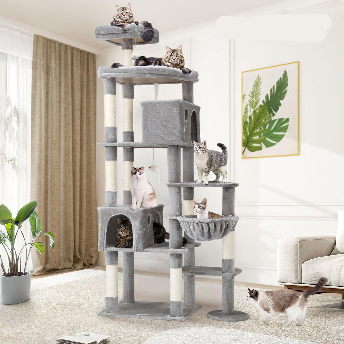 Kattenboom XXL – Krabpaal – Kattentoren – Kattenhuis – Kattenmeubel – 213 cm Hoogte – Ruim Platform – Gevoerde Zitstang – Lichtgrijs