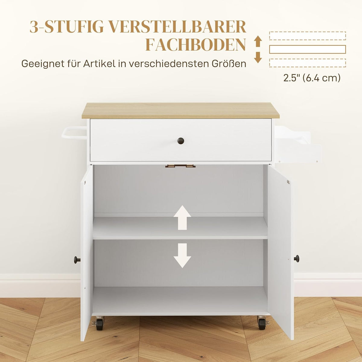HOMCOM Kitchen Island Wheeled Kitchen Cart with Folding Worktop, Drawer, Kitchen Cabinet Cart with Insert Shelf, Towel Bar, Spice Rack, Serving Trolley White - QUORE
