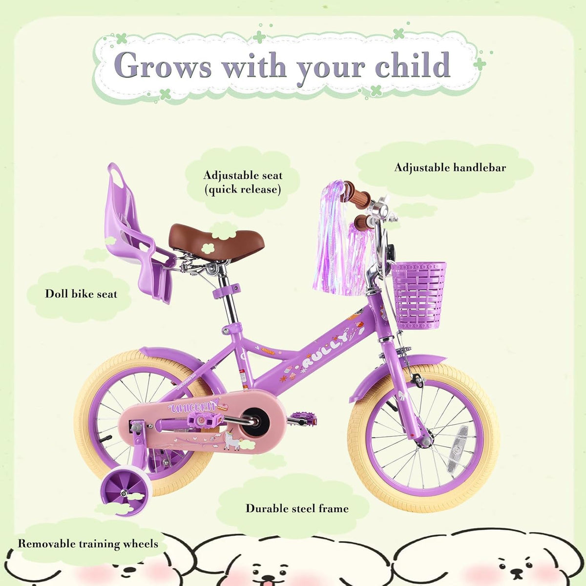 RULLY 16 inch kinderfiets voor meisjes van 4, 5, 6, 7 jaar, met steunwielen en handrem voor, kinderfiets met mand, fiets, streamer, peuterfiets, paars
