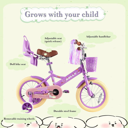 RULLY 16 inch kinderfiets voor meisjes van 4, 5, 6, 7 jaar, met steunwielen en handrem voor, kinderfiets met mand, fiets, streamer, peuterfiets, paars