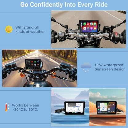 Carpuride W502 Motorscherm 5 inch GPS met CarPlay draadloos & Android Auto - IP67 waterdicht IPS-touchscreen, dubbele Bluetooth, GPS-navigatie, Siri, U-vormige verstelbare motorstandaard