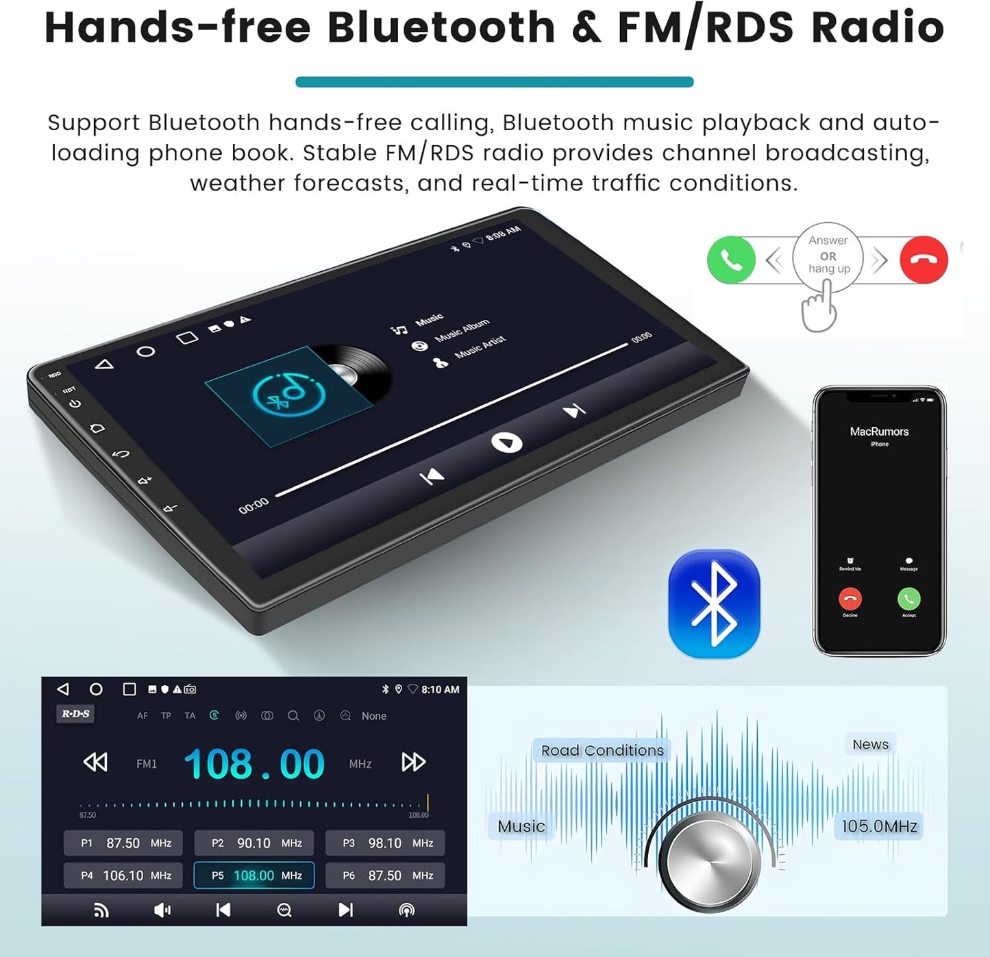 Hikity 2+64GB Car Stereo voor Ford Transit Custom 2013-2017 Draadloze Carplay Android Auto, 9 Inch Touch Screen Bluetooth Stereo met WiFi GPS EQ FM/RDS SWC Achteruitrijcamera