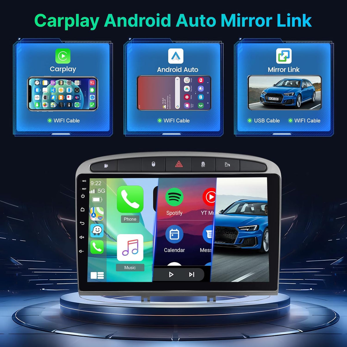 [2+64G]Android 13 Autoradio voor Peugeot 308 408 2007-2015 met Wireless Carplay & Android Auto - 9 Inch Touchscreen Autoradio met WiFi GPS Mirror Link DSP FM/RDS Radio SWC + AHD Achteruitrijcamera