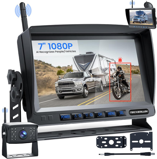 Draadloze achteruitrijcamera, HD 1080p met AI-detectie, 7 inch IP69 waterdicht DVR nachtzicht kit voor camping auto caravan vrachtwagen aanhanger aanhanger T5