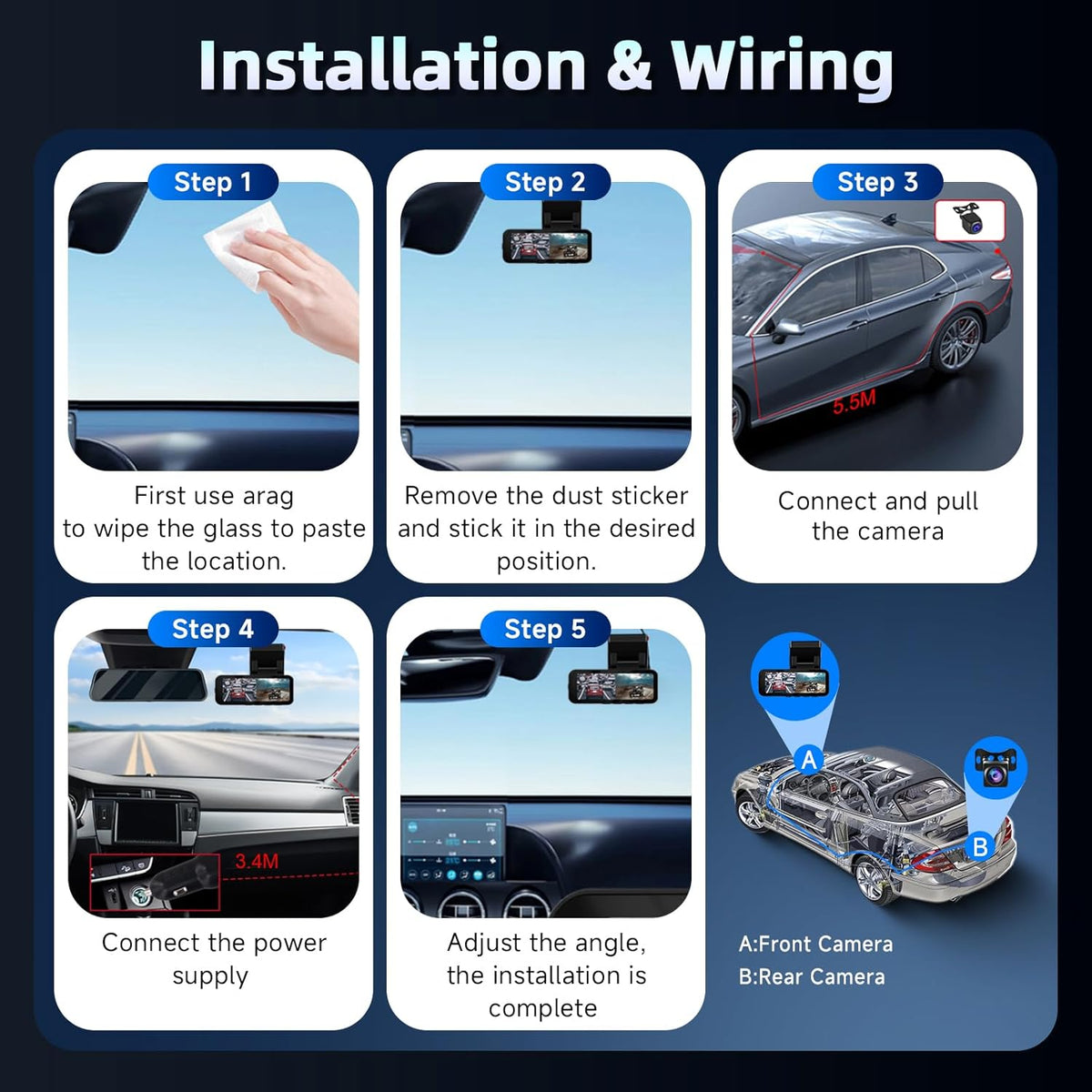 Hodozzy 4K Dashcam met voor- en 2K achteruitrijcamera, 3,16-inch IPS-scherm, dashcam voor auto's, wifi- en app-bediening, ADAS, BSD en LCA, nachtzicht, G-sensor, loop-opname, parkeermodus-monitor