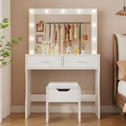 JUMMICO Grote kaptafel met ledverlichting en spiegel, 74 x 52 cm, instelbare helderheid en kleurtemperatuur, make-uptafel met 11 ledgloeilampen, wit