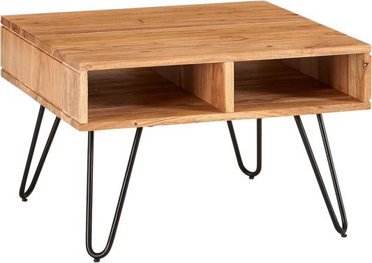 Salontafel – Bijzettafel – Tafel – Houten Tafel – Massief Acaciahout – Metalen Onderstel – Compact 60x40x60 cm – Met Opbergruimte