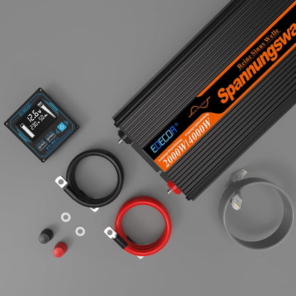 Omvormer 12V naar 230V – Spanningsomvormer, Inverter, Stroomomvormer, Zuivere Sinus Omvormer – 2000W Continu / 4000W Piek – LCD-afstandsbediening