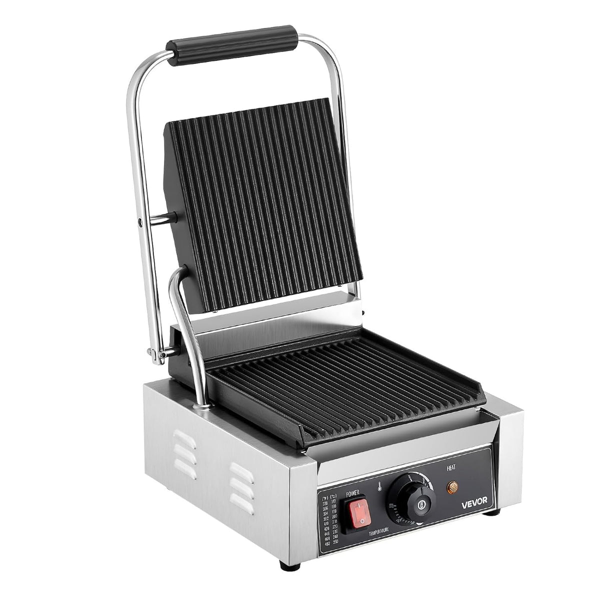 VEVOR Panini Panini Elektrische grillplaat, 1800 W, van roestvrij staal met handvat en temperatuurregeling, geribbeld, geëmailleerd, plat, 22 x 23 cm, voor steak en pancetta