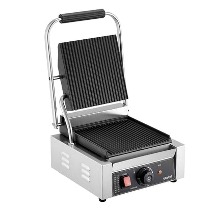 VEVOR Panini Panini Elektrische grillplaat, 1800 W, van roestvrij staal met handvat en temperatuurregeling, geribbeld, geëmailleerd, plat, 22 x 23 cm, voor steak en pancetta