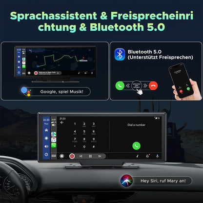 Draadloze Apple Carplay & Android Auto Stereo, 9.26" Draagbare Autoradio met 2K Dash Cam Voorkant, 1080P Achteruitrijcamera, Navigatie Apparaten met Siri/Bluetooth/GPS/Google/FM/AUX/Mirror-Link/64G TF