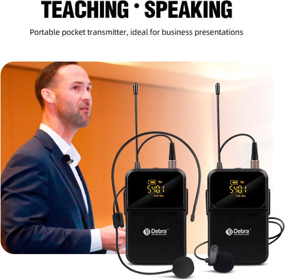 D Debra UHF draadloos microfoonsysteem, 4x16 instelbare kanalen, bodypack-zender, headset microfoon, 80m bereik, ideaal voor vergaderingen, kerkdiensten, toespraken, feesten (4 bodypacks)