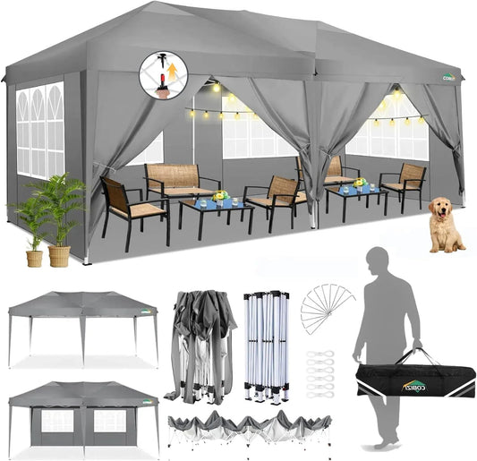 COBIZI Vouwpaviljoen, 3 x 6 m, waterdicht, stabiel, outdoor partytent, 3 x 6 m, met 6 zijwanden, anti-uv tuinpaviljoen, pop-up campingpaviljoen, voor bruiloften, buiten, tuin, feest, markt, grijs
