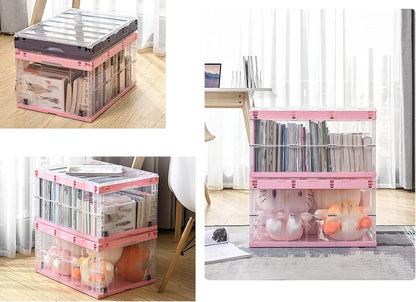 TUKA-i-AKUT TKD8640 Opvouwbare opbergdozen met deksel, stapelbaar opvouwbaar, stabiele stapelkisten met handgreep, stapelbak, organizer, vouwdozen, stapelboxen, doorzichtig, 6 x 55 l, roze, 6 x 55 l,