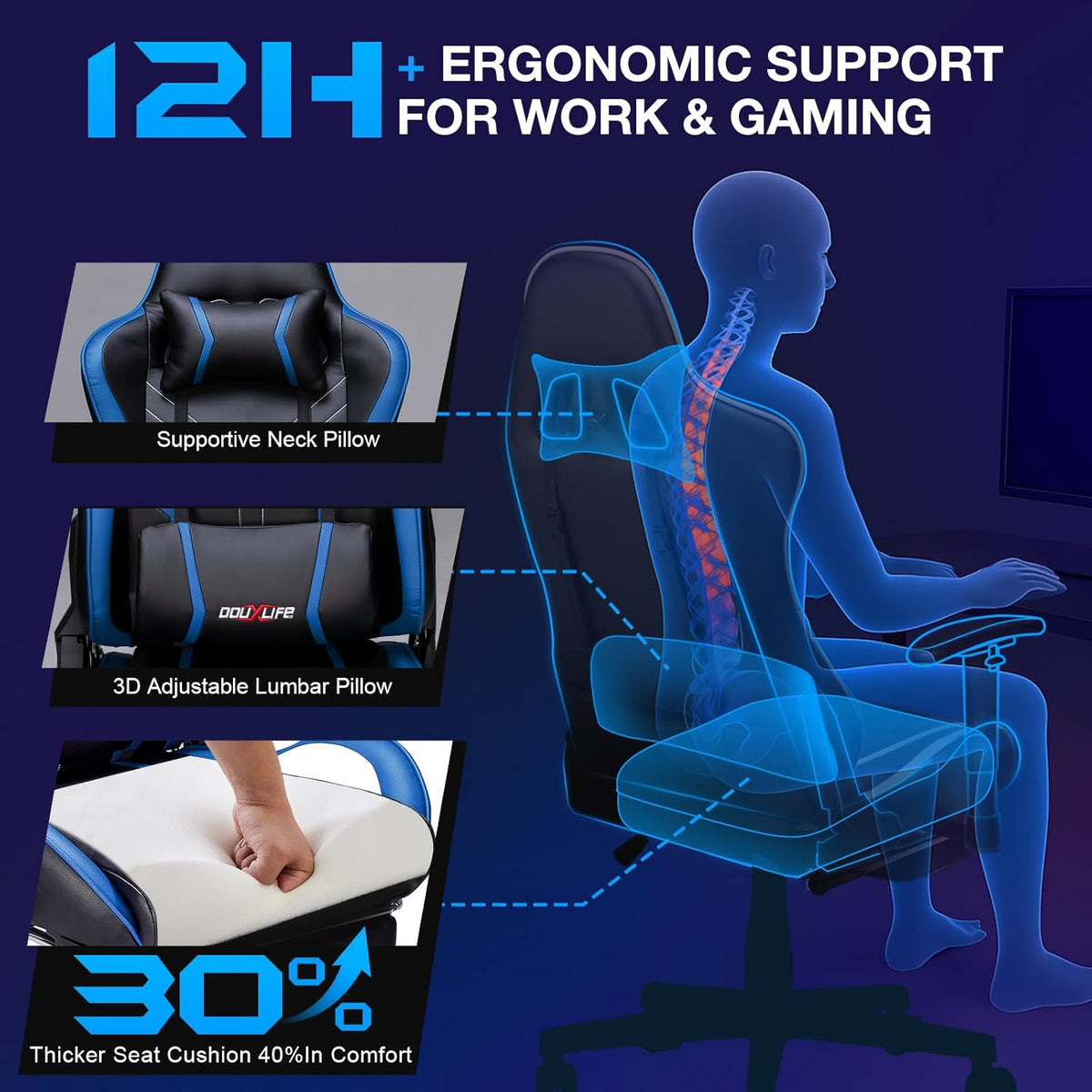 Douxlife Gaming Stoel, met 7-punts Massage, Ergonomische bureaustoel met Voetensteun, 90-175° Rugleuning Instelbaar, Verstelbare 2D-Armleuning, PC-gamerstoel, Bureaustoel, 180 kg, Zwart-blauw