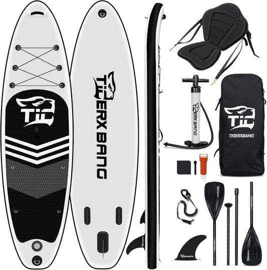 Black Tiger Collectie Opblaasbare stand-up paddleboard, SUP-board met kajakzitstuk, dubbelbladige peddel | 320x82x15cm | voor volwassenen/kinderen | ISUP paddleboarding complete set
