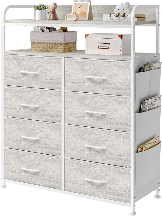 Ladekast – Dressoir – Opbergkast – Nachtkastje – Kast met 8 Stoffen Lades – 2-laags Houten Planken – Robuust Metalen Frame – White Oak