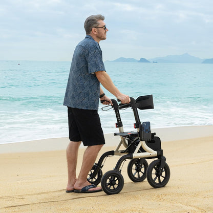 Rollator,Rollator lichtgewicht opvouwbare, buitenrollator met 30 cm grote rubberen niet-luchtbanden voor alle terreinen, geïntegreerde kabelrem, aluminium hoogteverstelbare (goud)